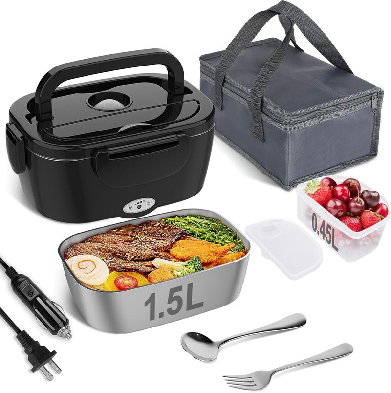 Vabaso Electric Lunch Box for Adults, 80W Heated LunchBox Portable Food Warmer Lunch Box for Work/Men/Car/Truck with 1.5L 304 Stainless Steel Container Fork & Spoon, 110V/12V/24V - Image 1